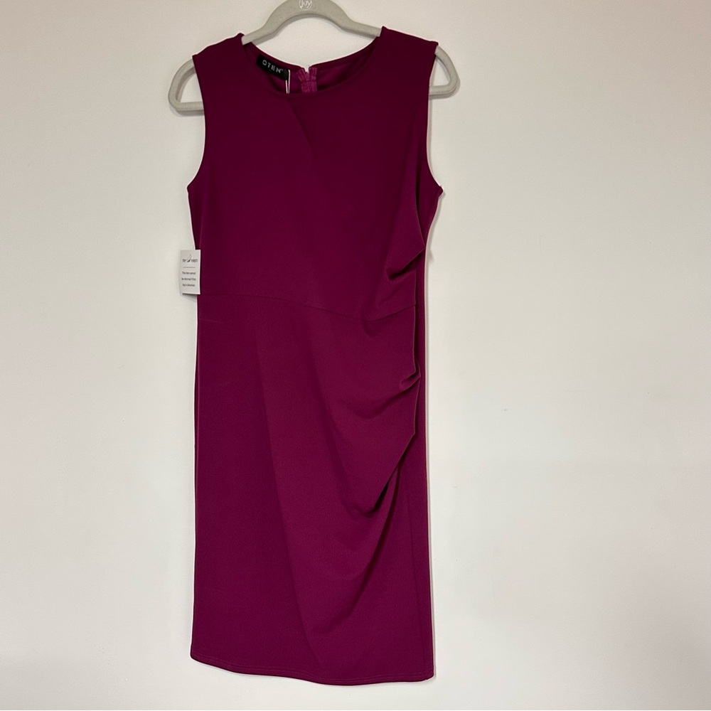 OTEN Burgundy Magenta Sleeveless Ruched Sheath Midi Dress Women’s Size Large - Picture 2 of 7